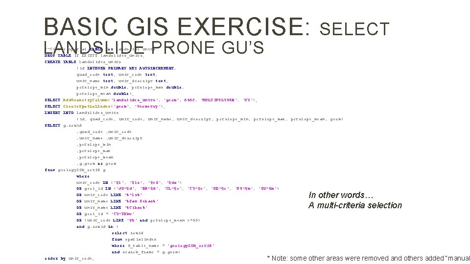 BASIC GIS EXERCISE: LANDSLIDE PRONE GU’S SELECT --Create spatial TABLE for landslide units DROP