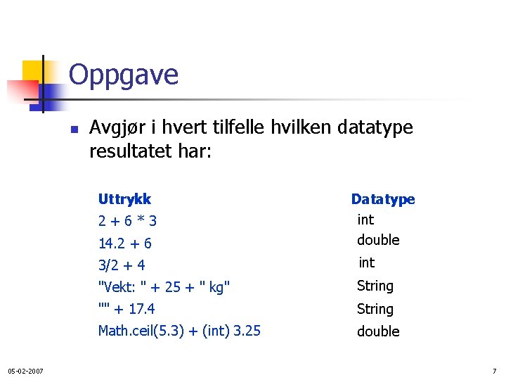 Oppgave n Avgjør i hvert tilfelle hvilken datatype resultatet har: Uttrykk 2+6*3 14. 2