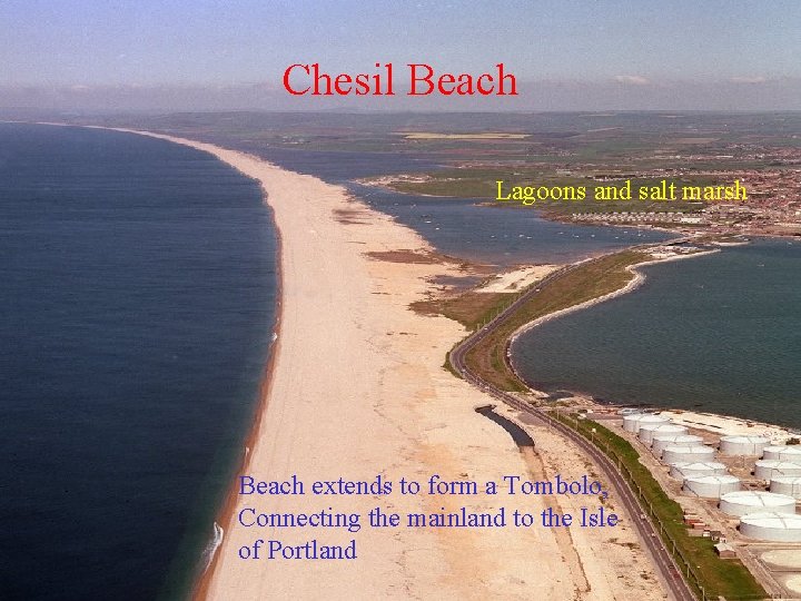 Chesil Beach Lagoons and salt marsh Beach extends to form a Tombolo, Connecting the