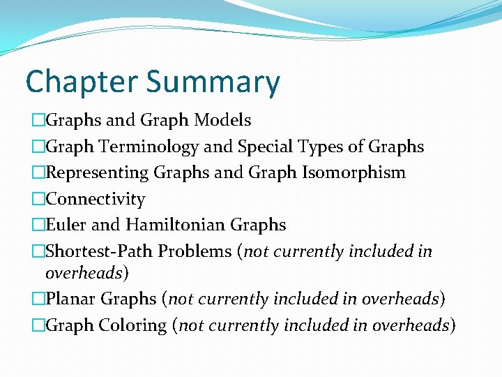 Chapter Summary �Graphs and Graph Models �Graph Terminology and Special Types of Graphs �Representing