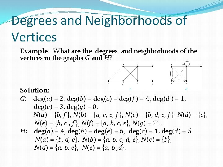 Degrees and Neighborhoods of Vertices Example: What are the degrees and neighborhoods of the