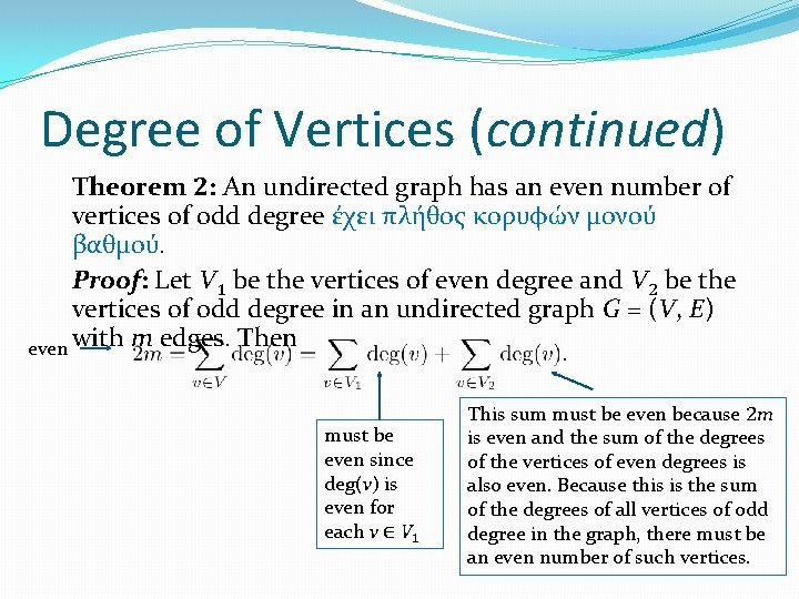 Degree of Vertices (continued) Theorem 2: An undirected graph has an even number of