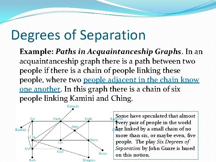 Degrees of Separation Example: Paths in Acquaintanceship Graphs. In an acquaintanceship graph there is