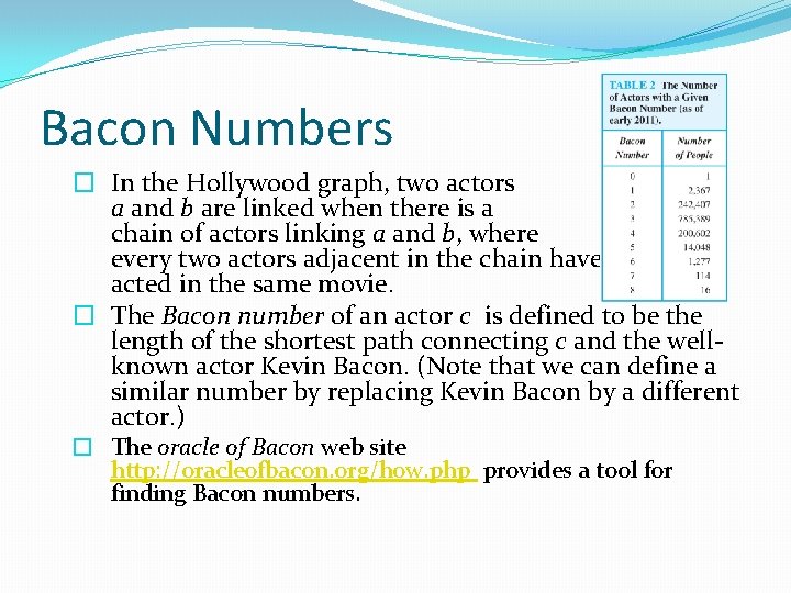 Bacon Numbers � In the Hollywood graph, two actors a and b are linked