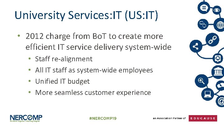 University Services: IT (US: IT) • 2012 charge from Bo. T to create more