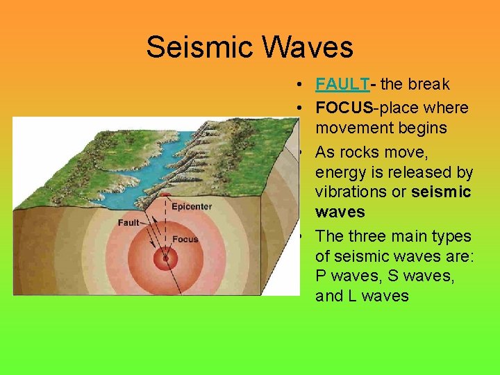 Seismic Waves • FAULT- the break • FOCUS-place where movement begins • As rocks