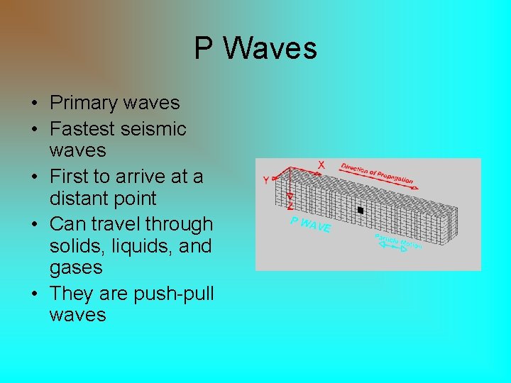 P Waves • Primary waves • Fastest seismic waves • First to arrive at