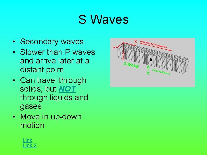 S Waves • Secondary waves • Slower than P waves and arrive later at