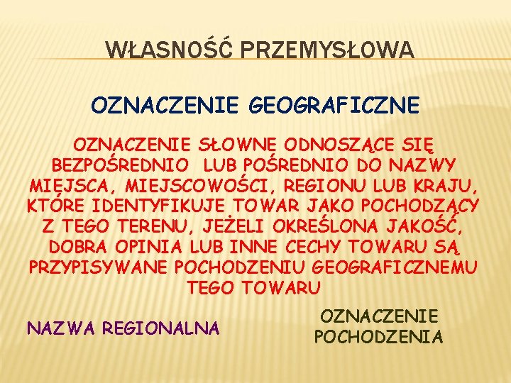 WŁASNOŚĆ PRZEMYSŁOWA OZNACZENIE GEOGRAFICZNE OZNACZENIE SŁOWNE ODNOSZĄCE SIĘ BEZPOŚREDNIO LUB POŚREDNIO DO NAZWY MIEJSCA,