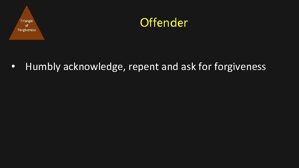 Triangle of Forgiveness Offender • Humbly acknowledge, repent and ask forgiveness 