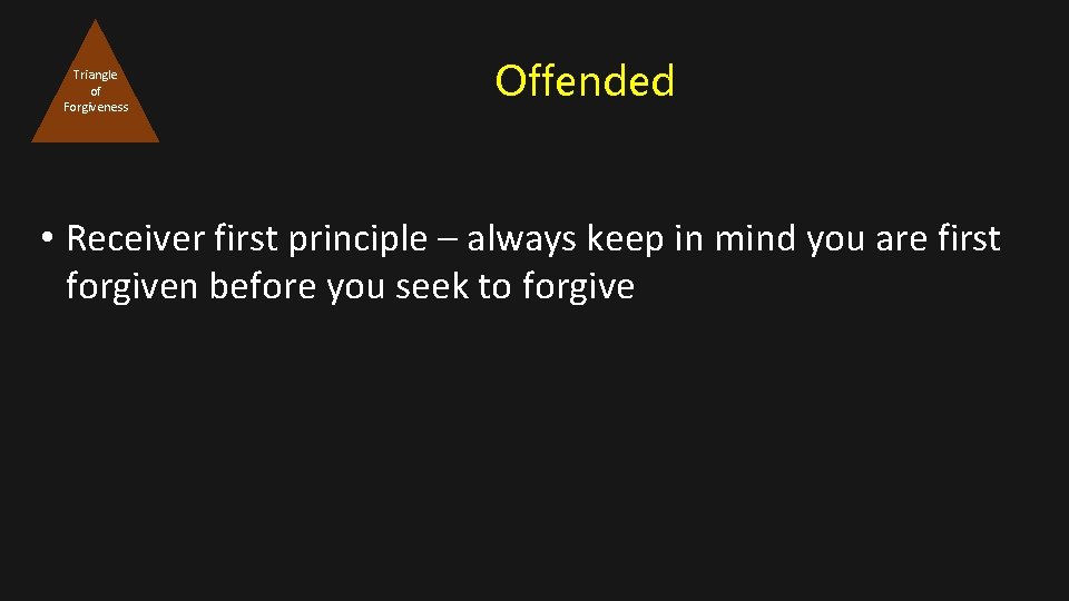 Triangle of Forgiveness Offended • Receiver first principle – always keep in mind you
