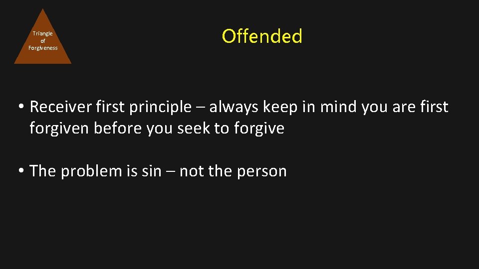 Triangle of Forgiveness Offended • Receiver first principle – always keep in mind you