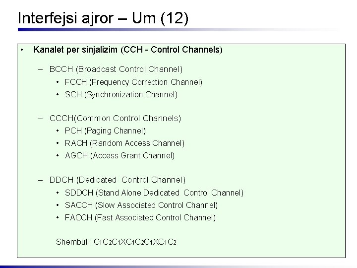 Interfejsi ajror – Um (12) • Kanalet per sinjalizim (CCH - Control Channels) –