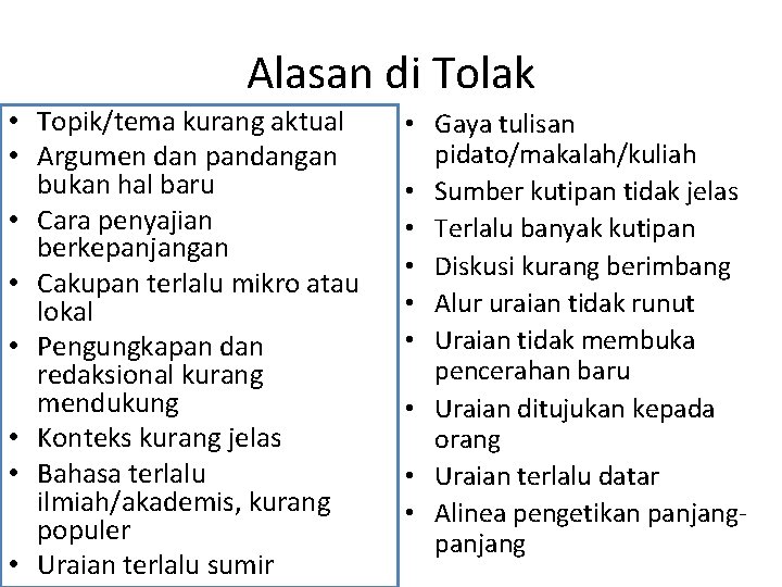 Alasan di Tolak • Topik/tema kurang aktual • Argumen dan pandangan bukan hal baru