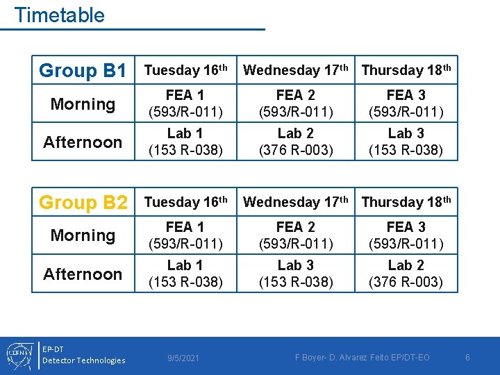 Timetable Group B 1 Tuesday 16 th Morning FEA 1 (593/R-011) FEA 2 (593/R-011)