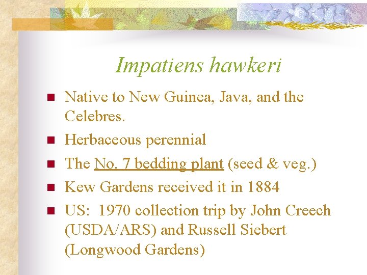 Impatiens hawkeri n n n Native to New Guinea, Java, and the Celebres. Herbaceous