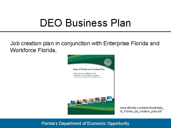 DEO Business Plan Job creation plan in conjunction with Enterprise Florida and Workforce Florida.