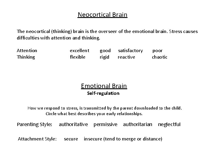 Neocortical Brain The neocortical (thinking) brain is the overseer of the emotional brain. Stress