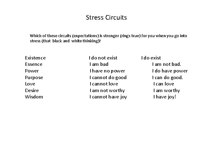 Stress Circuits Which of these circuits (expectations) is stronger (rings true) for you when