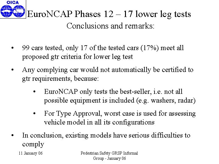 Euro. NCAP Phases 12 – 17 lower leg tests Conclusions and remarks: • 99