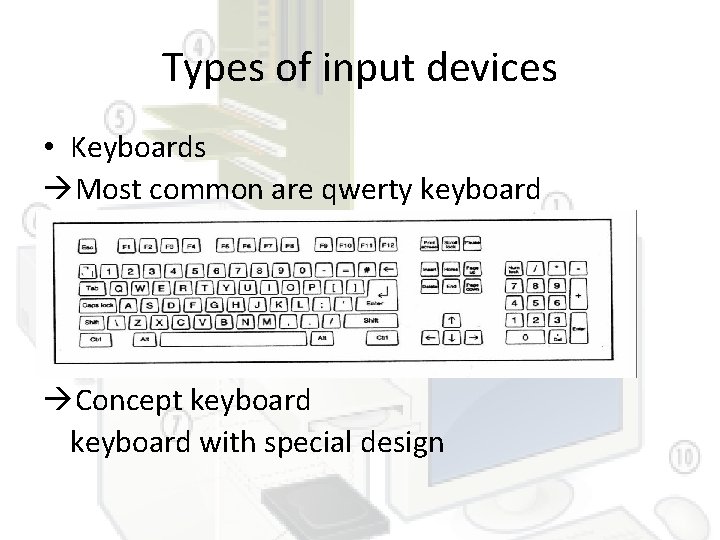 Types of input devices • Keyboards Most common are qwerty keyboard Concept keyboard with Types of input devices • Keyboards Most common are qwerty keyboard Concept keyboard with