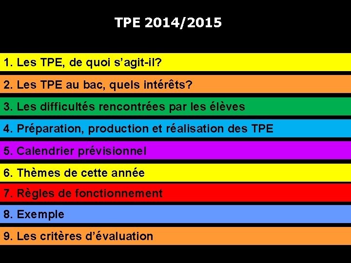 TPE 2014/2015 1. Les TPE, de quoi s’agit-il? 2. Les TPE au bac, quels