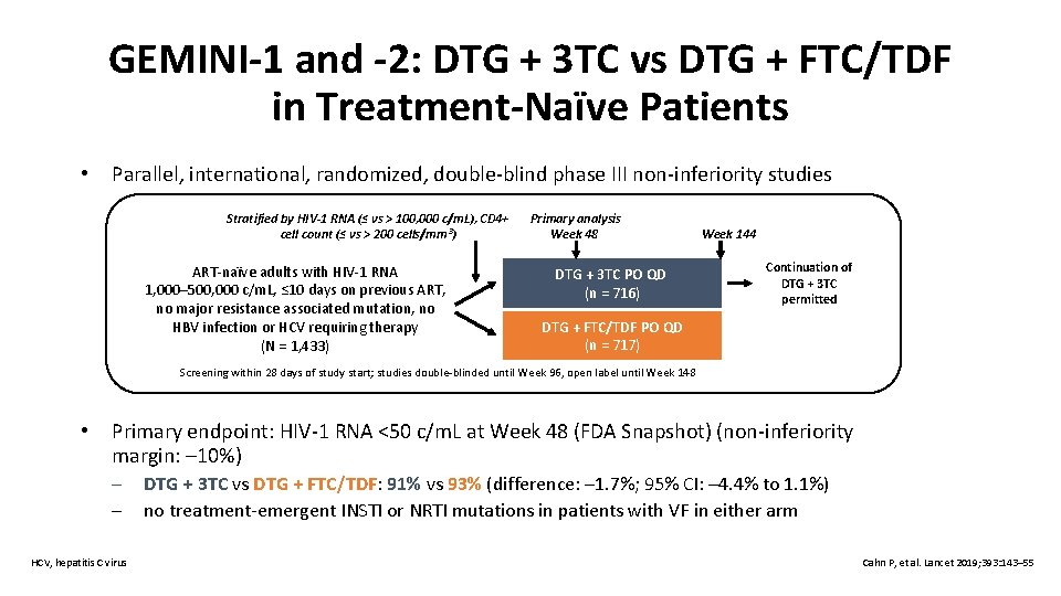 GEMINI-1 and -2: DTG + 3 TC vs DTG + FTC/TDF in Treatment-Naïve Patients