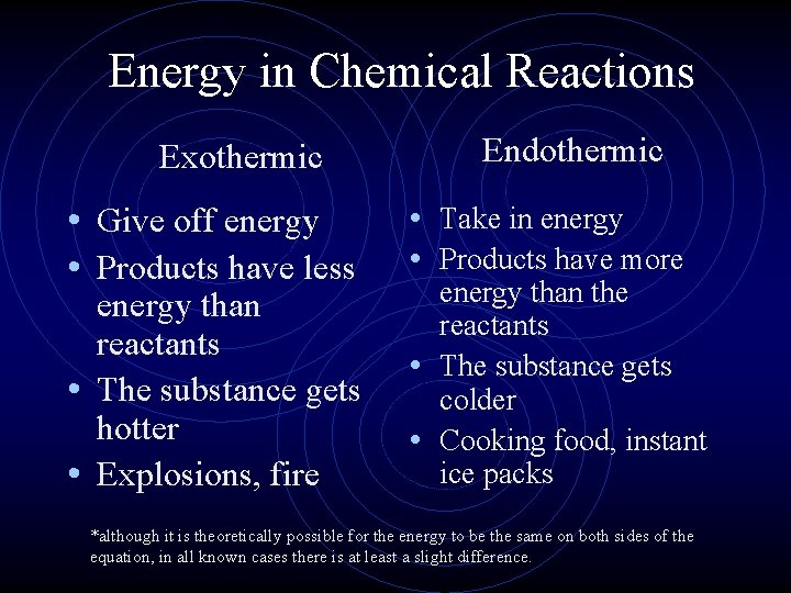 Energy in Chemical Reactions Exothermic • Give off energy • Products have less energy