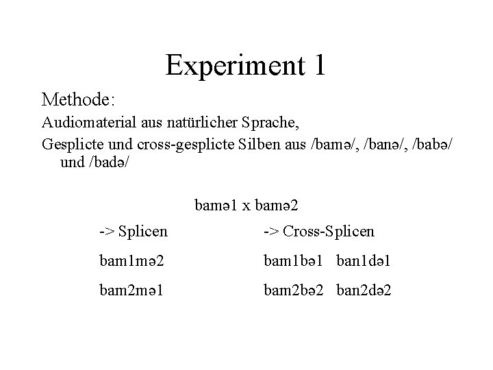 Experiment 1 Methode: Audiomaterial aus natürlicher Sprache, Gesplicte und cross-gesplicte Silben aus /bamə/, /banə/,