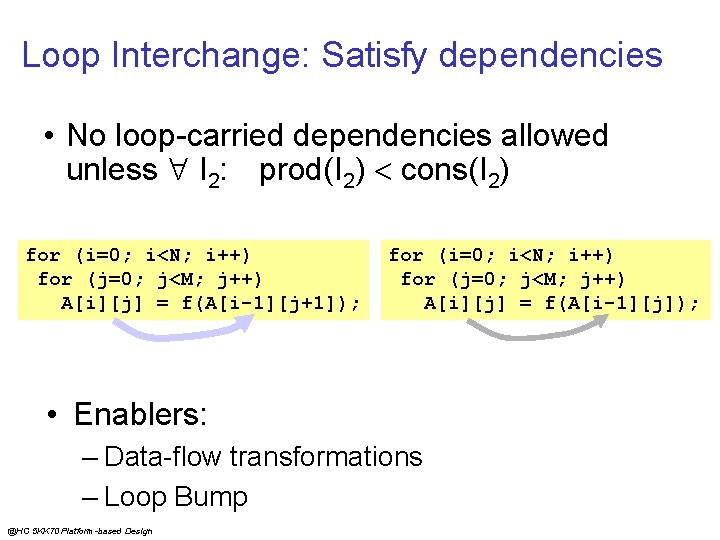 Loop Interchange: Satisfy dependencies • No loop-carried dependencies allowed unless I 2: prod(I 2)