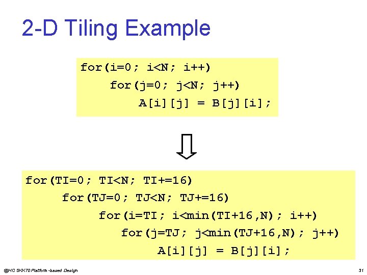 2 -D Tiling Example for(i=0; i<N; i++) for(j=0; j<N; j++) A[i][j] = B[j][i]; for(TI=0;