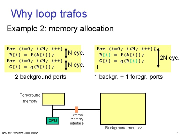 Why loop trafos Example 2: memory allocation for (i=0; i<N; i++) B[i] = f(A[i]);