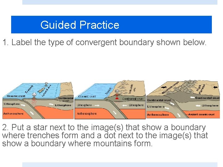 Guided Practice 1. Label the type of convergent boundary shown below. 2. Put a