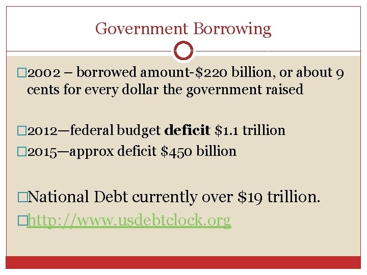 Government Borrowing � 2002 – borrowed amount-$220 billion, or about 9 cents for every