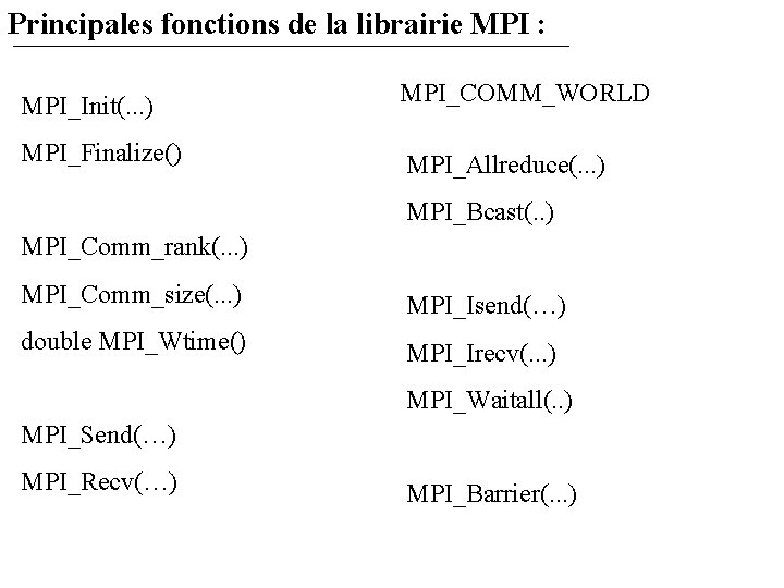 Principales fonctions de la librairie MPI : MPI_Init(. . . ) MPI_Finalize() MPI_COMM_WORLD MPI_Allreduce(.