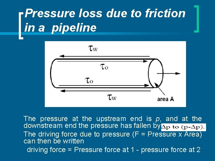 Pressure loss due to friction in a pipeline The pressure at the upstream end