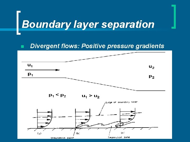 Boundary layer separation n Divergent flows: Positive pressure gradients 