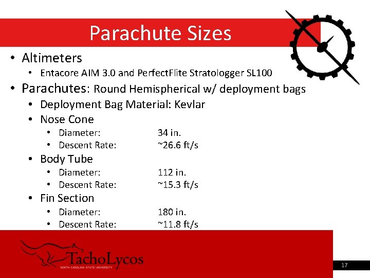 Parachute Sizes • Altimeters • Entacore AIM 3. 0 and Perfect. Flite Stratologger SL