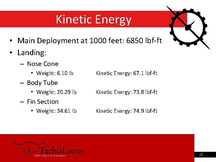 Kinetic Energy • Main Deployment at 1000 feet: 6850 lbf-ft • Landing: – Nose