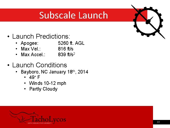 Subscale Launch • Launch Predictions: • Apogee: • Max Vel. : • Max Accel.