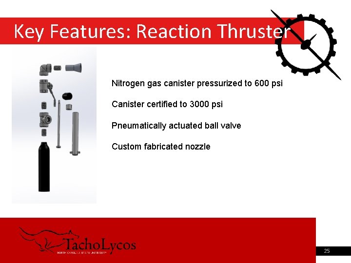 Key Features: Reaction Thruster Nitrogen gas canister pressurized to 600 psi Canister certified to