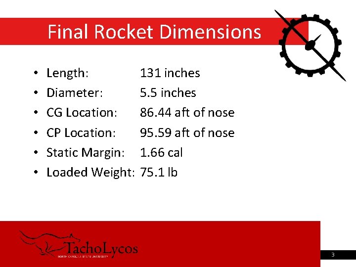 Final Rocket Dimensions • • • 9/4/2021 Length: Diameter: CG Location: CP Location: Static