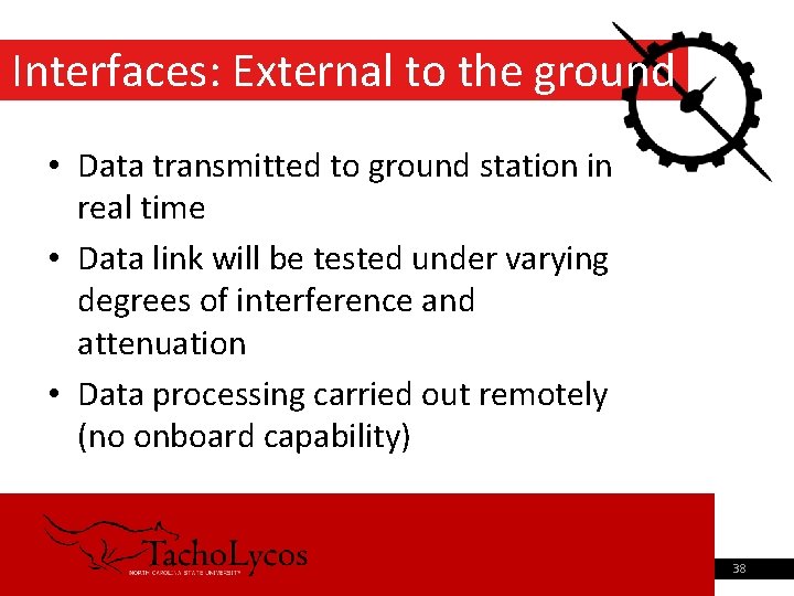 Interfaces: External to the ground • Data transmitted to ground station in real time