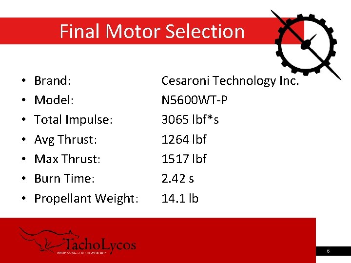 Final Motor Selection • • Brand: Model: Total Impulse: Avg Thrust: Max Thrust: Burn