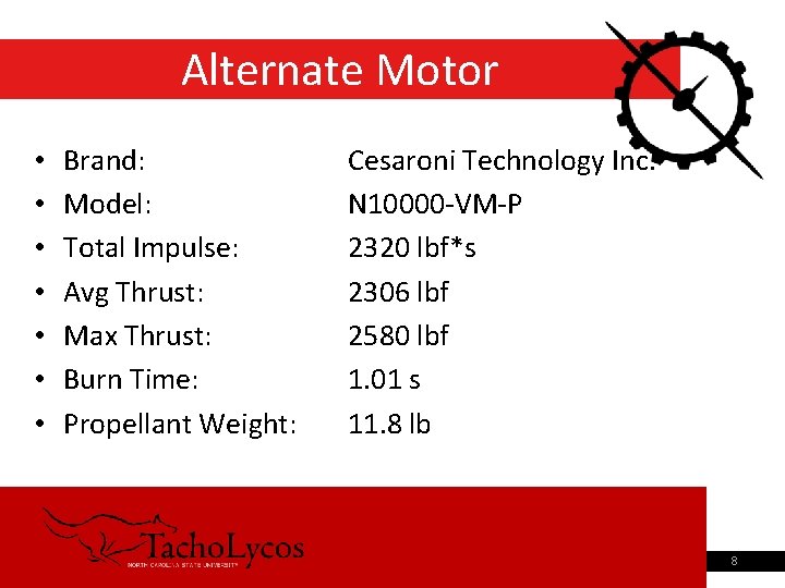 Alternate Motor • • Brand: Model: Total Impulse: Avg Thrust: Max Thrust: Burn Time: