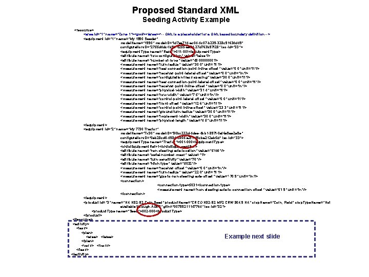 Proposed Standard XML Seeding Activity Example <resource> <area id="1" name="Zone 1"><gml/></area><!-- GML is a