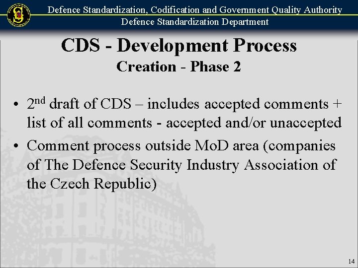 Defence Standardization, Codification and Government Quality Authority Defence Standardization Department CDS - Development Process Defence Standardization, Codification and Government Quality Authority Defence Standardization Department CDS - Development Process