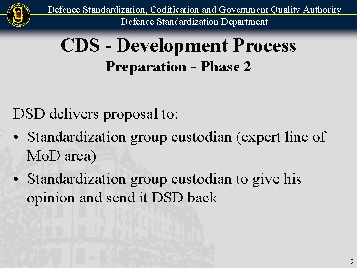 Defence Standardization, Codification and Government Quality Authority Defence Standardization Department CDS - Development Process Defence Standardization, Codification and Government Quality Authority Defence Standardization Department CDS - Development Process