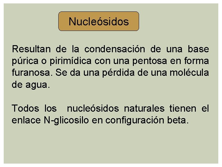 Nucleósidos Resultan de la condensación de una base púrica o pirimídica con una pentosa Nucleósidos Resultan de la condensación de una base púrica o pirimídica con una pentosa