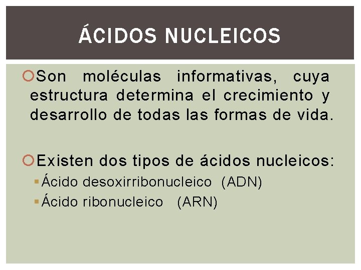 ÁCIDOS NUCLEICOS Son moléculas informativas, cuya estructura determina el crecimiento y desarrollo de todas ÁCIDOS NUCLEICOS Son moléculas informativas, cuya estructura determina el crecimiento y desarrollo de todas